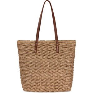 Women's Large Khaki Straw Woven Beach Tote Bag Handcrafted Summer Accessory